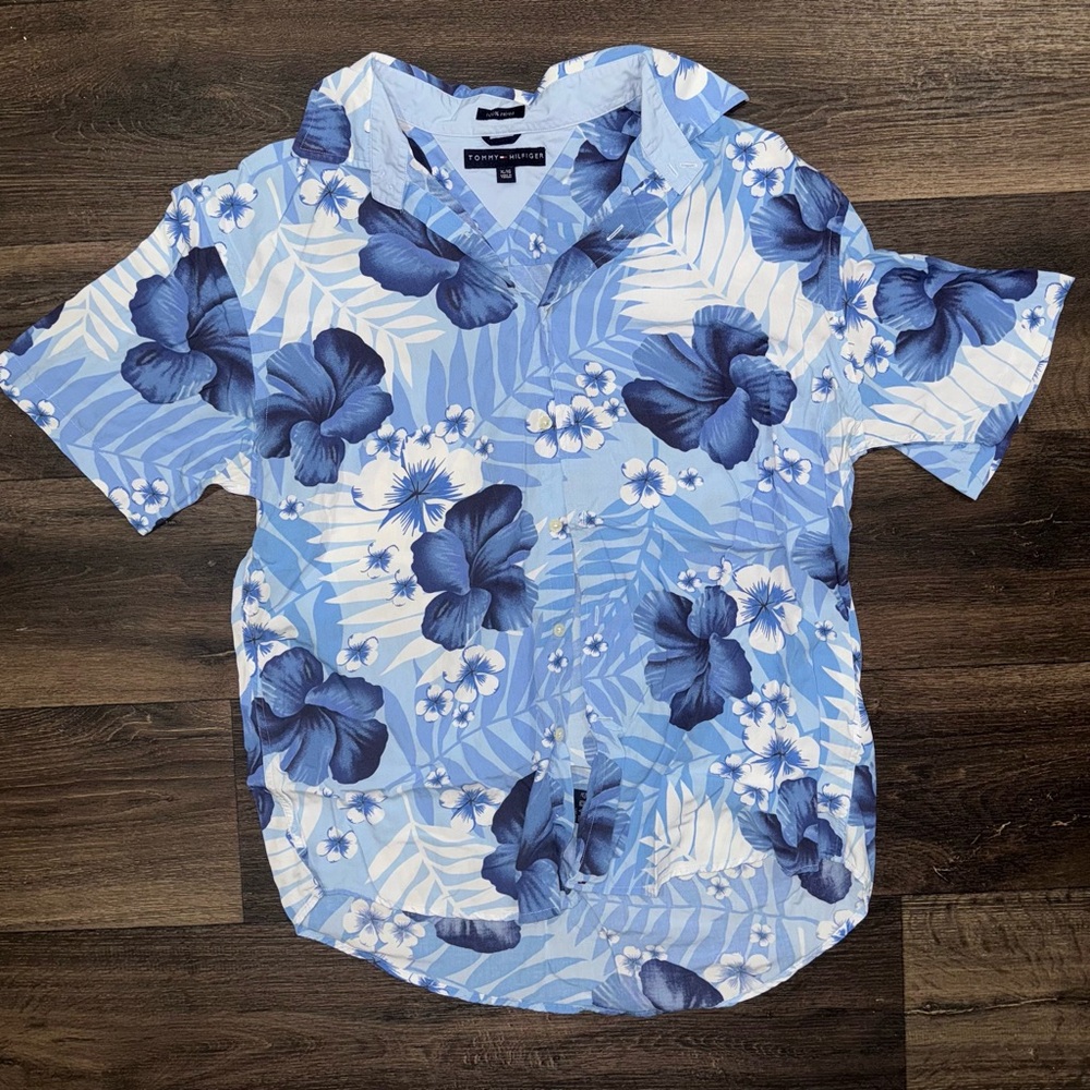 Vintage Tommy Hilfiger Mens XL Hawaiian Island Shirt Short Sleeve Y2K Blue Rayon